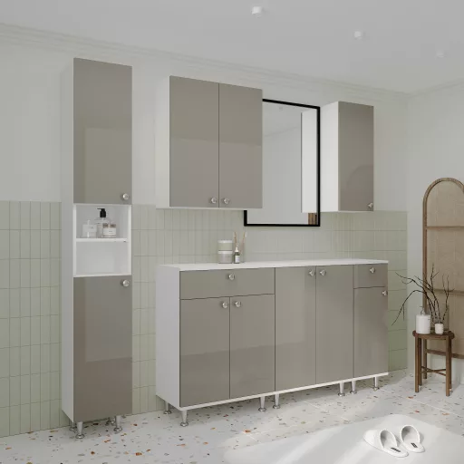Zaria 2 ajtós fürdőszobai szekrény, Fényes szürke / Fehér, MDF, 60 x 35 x 85 cm