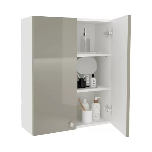 Zaria 2 ajtós fali fürdőszobai szekrény, Fényes szürke / Fehér, MDF, 60 x 22 x 72 cm