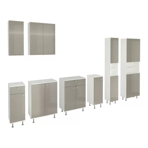 Zaria 4 ajtós fürdőszobai magasszekrény, Fényes szürke / Fehér, MDF, 60 x 27 x 190 cm