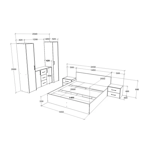 Malmo V5 hálószoba szett 140 x 200 cm-es ággyal, Fehér tölgy / Antracit