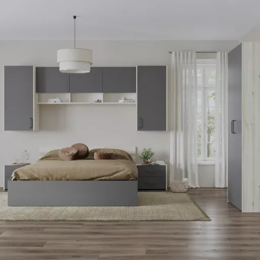 Malmo V17 hálószoba szett 140 x 200 cm-es ággyal, Fehér tölgy / Antracit