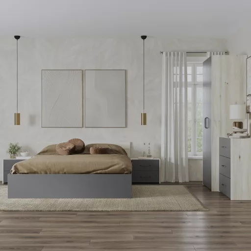 Malmo V2 hálószoba szett 160 x 200 cm-es ággyal, Fehér tölgy / Antracit