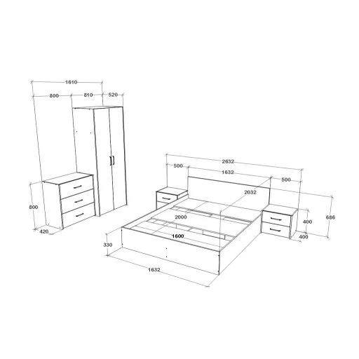 Malmo V2 hálószoba szett 160 x 200 cm-es ággyal, Fehér tölgy / Antracit