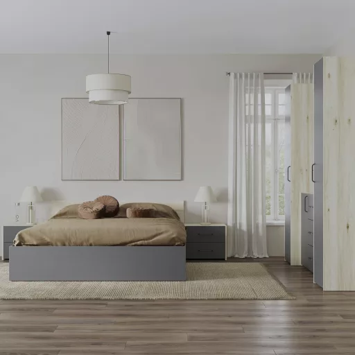 Malmo V5 hálószoba szett 160 x 200 cm-es ággyal, Fehér tölgy / Antracit