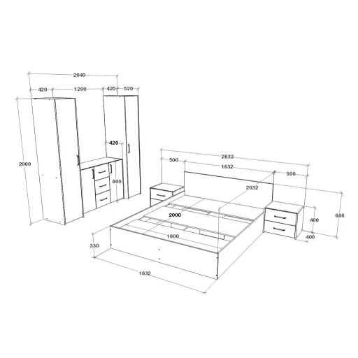 Malmo V5 hálószoba szett 160 x 200 cm-es ággyal, Fehér tölgy / Antracit