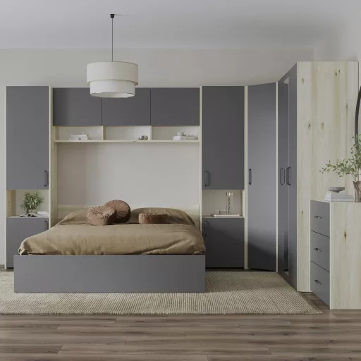 Malmo V6 hálószoba szett 160 x 200 cm-es ággyal, Fehér tölgy / Antracit