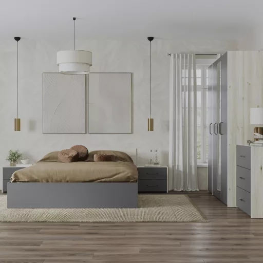 Malmo V9 hálószoba szett 160 x 200 cm-es ággyal, Fehér tölgy / Antracit