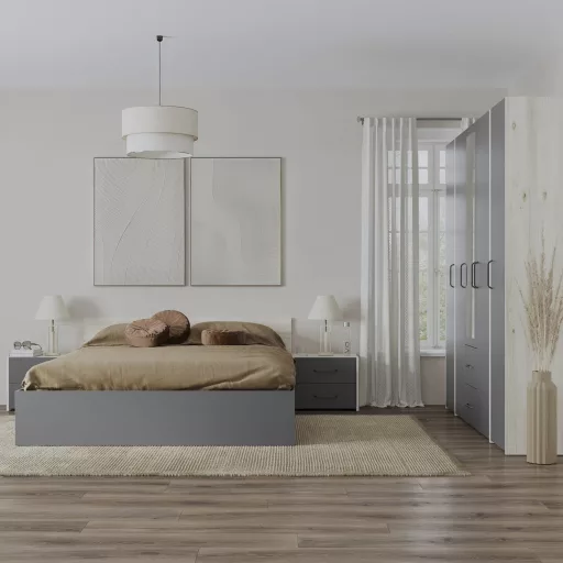 Malmo V10 hálószoba szett 160 x 200 cm-es ággyal, Fehér tölgy / Antracit