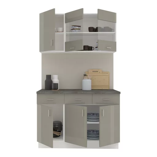 Karo V3 konyhabútor 28 mm-es Thermo munkalappal, Fényes szürke / Fehér, MDF, 120 cm