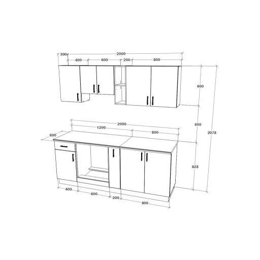 Karo V11 konyhabútor 28 mm-es Thermo munkalappal, Fényes szürke / Fehér, MDF, 200 cm