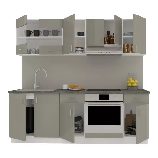 Karo V13 konyhabútor 28 mm-es Thermo munkalappal, Fényes szürke / Fehér, MDF, 220 cm