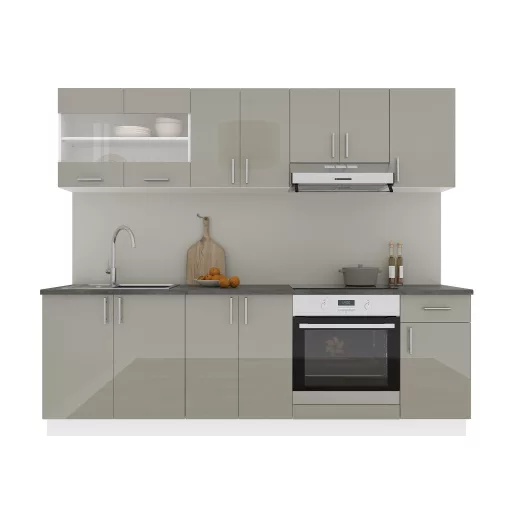 Karo V15 konyhabútor 28 mm-es Thermo munkalappal, Fényes szürke / Fehér, MDF, 240 cm