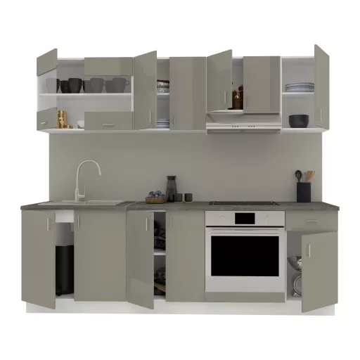 Karo V15 konyhabútor 28 mm-es Thermo munkalappal, Fényes szürke / Fehér, MDF, 240 cm