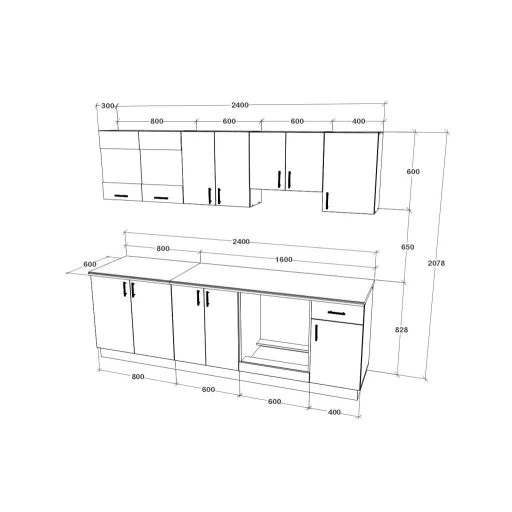 Karo V15 konyhabútor 28 mm-es Thermo munkalappal, Fényes szürke / Fehér, MDF, 240 cm
