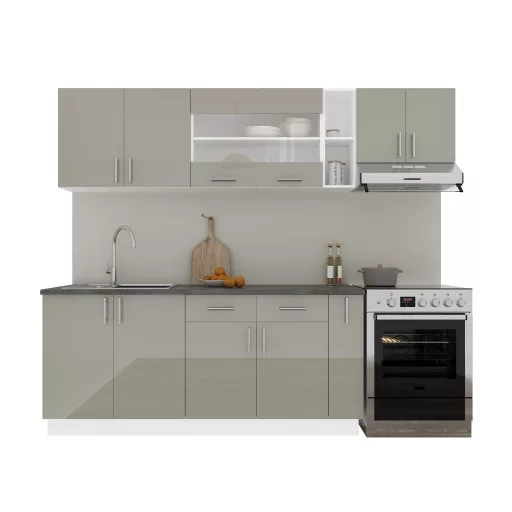 Karo V16 konyhabútor 28 mm-es Thermo munkalappal, Fényes szürke / Fehér, MDF, 240 cm