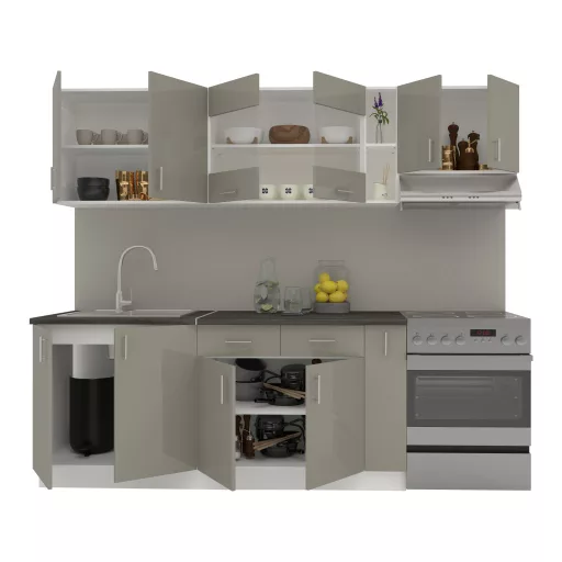 Karo V16 konyhabútor 28 mm-es Thermo munkalappal, Fényes szürke / Fehér, MDF, 240 cm