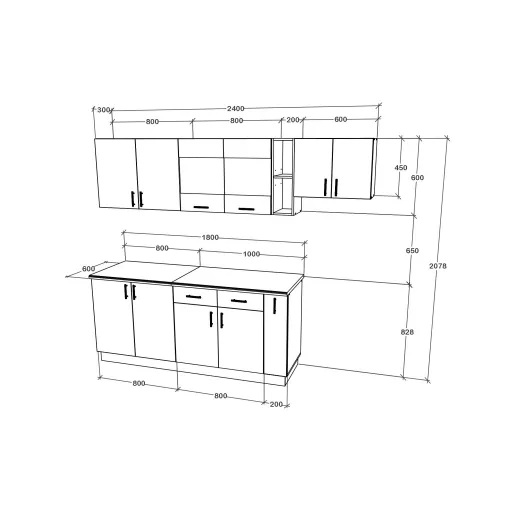 Karo V16 konyhabútor 28 mm-es Thermo munkalappal, Fényes szürke / Fehér, MDF, 240 cm