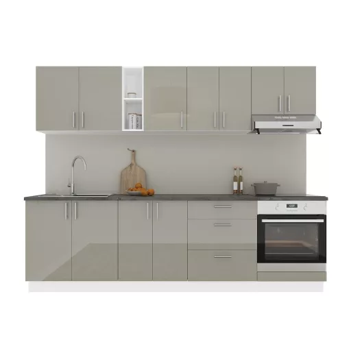 Karo V18 konyhabútor 28 mm-es Thermo munkalappal, Fényes szürke / Fehér, MDF, 260 cm