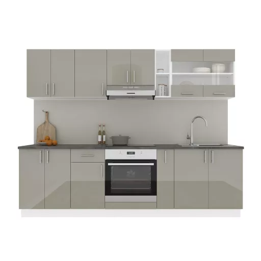 Karo V19 konyhabútor 28 mm-es Thermo munkalappal, Fényes szürke / Fehér, MDF, 260 cm
