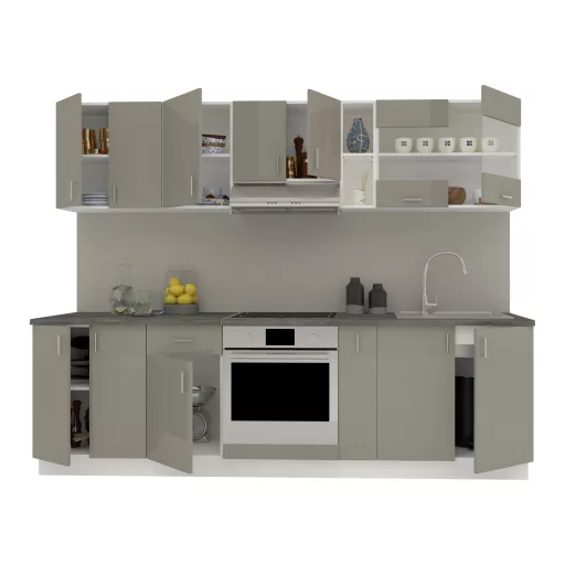 Karo V19 konyhabútor 28 mm-es Thermo munkalappal, Fényes szürke / Fehér, MDF, 260 cm