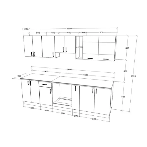 Karo V19 konyhabútor 28 mm-es Thermo munkalappal, Fényes szürke / Fehér, MDF, 260 cm