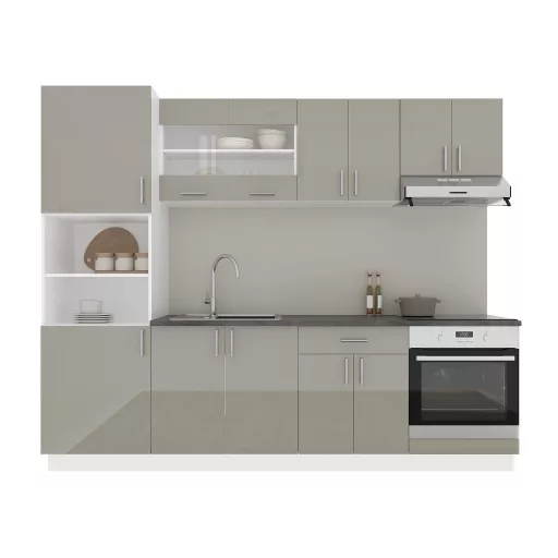 Karo V20 konyhabútor 28 mm-es Thermo munkalappal, Fényes szürke / Fehér, MDF, 260 cm