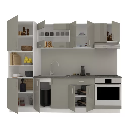 Karo V20 konyhabútor 28 mm-es Thermo munkalappal, Fényes szürke / Fehér, MDF, 260 cm