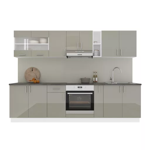 Karo V21 konyhabútor 28 mm-es Thermo munkalappal, Fényes szürke / Fehér, MDF, 280 cm