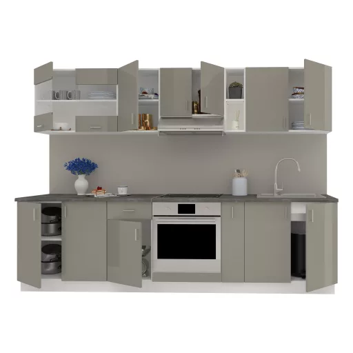 Karo V21 konyhabútor 28 mm-es Thermo munkalappal, Fényes szürke / Fehér, MDF, 280 cm