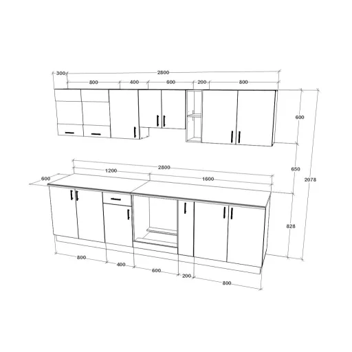 Karo V21 konyhabútor 28 mm-es Thermo munkalappal, Fényes szürke / Fehér, MDF, 280 cm