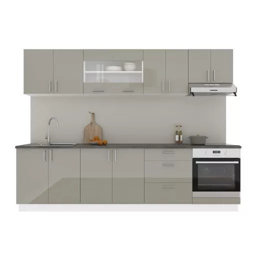 Karo V22 konyhabútor 28 mm-es Thermo munkalappal, Fényes szürke / Fehér, MDF, 280 cm