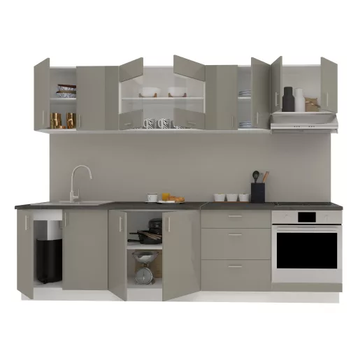 Karo V22 konyhabútor 28 mm-es Thermo munkalappal, Fényes szürke / Fehér, MDF, 280 cm