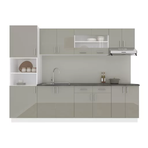 Karo V23 konyhabútor 28 mm-es Thermo munkalappal, Fényes szürke / Fehér, MDF, 280 cm
