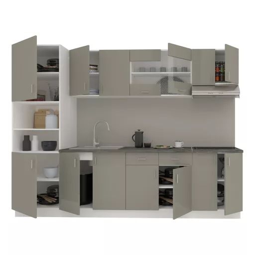 Karo V23 konyhabútor 28 mm-es Thermo munkalappal, Fényes szürke / Fehér, MDF, 280 cm