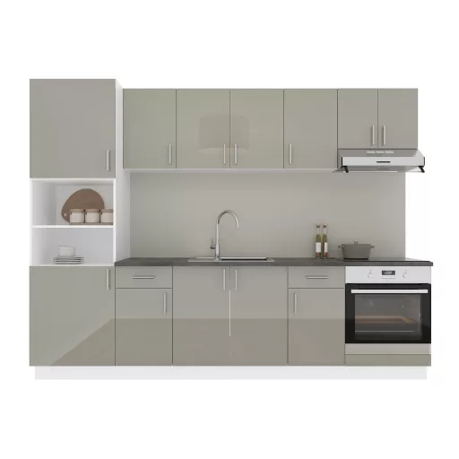 Karo V24 konyhabútor 28 mm-es Thermo munkalappal, Fényes szürke / Fehér, MDF, 280 cm