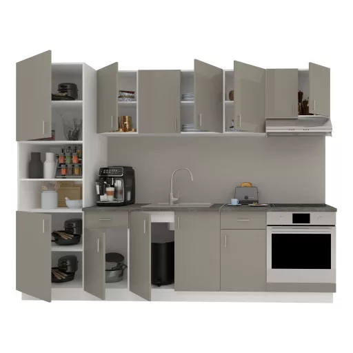 Karo V24 konyhabútor 28 mm-es Thermo munkalappal, Fényes szürke / Fehér, MDF, 280 cm