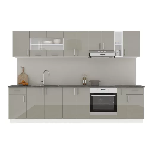 Karo V25 konyhabútor 28 mm-es Thermo munkalappal, Fényes szürke / Fehér, MDF, 300 cm