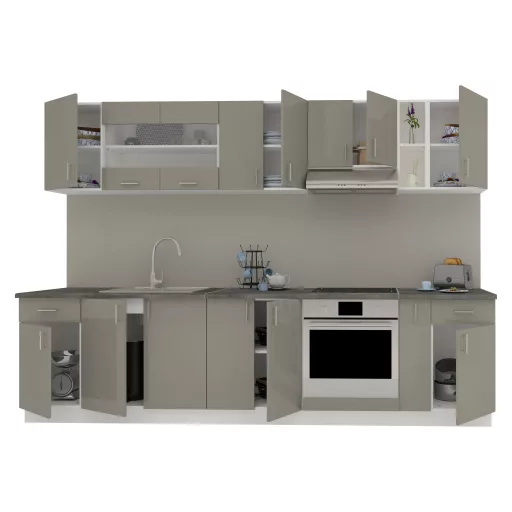 Karo V25 konyhabútor 28 mm-es Thermo munkalappal, Fényes szürke / Fehér, MDF, 300 cm