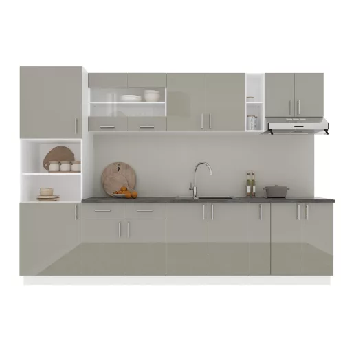 Karo V26 konyhabútor 28 mm-es Thermo munkalappal, Fényes szürke / Fehér, MDF, 300 cm