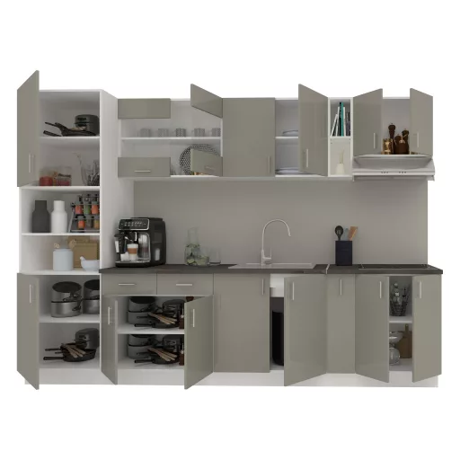 Karo V26 konyhabútor 28 mm-es Thermo munkalappal, Fényes szürke / Fehér, MDF, 300 cm