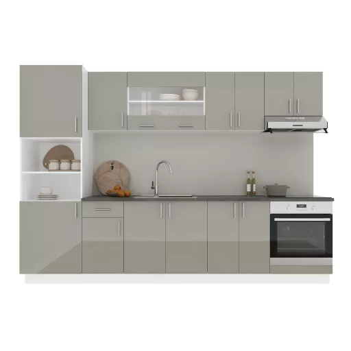 Karo V27 konyhabútor 28 mm-es Thermo munkalappal, Fényes szürke / Fehér, MDF, 300 cm