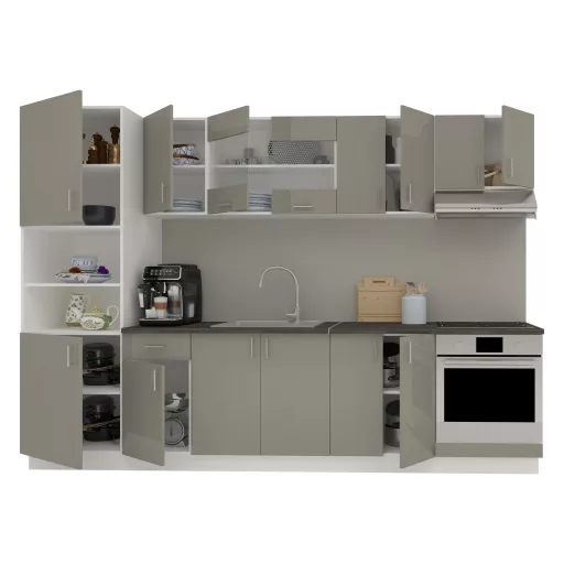 Karo V27 konyhabútor 28 mm-es Thermo munkalappal, Fényes szürke / Fehér, MDF, 300 cm