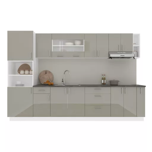 Karo V29 konyhabútor 28 mm-es Thermo munkalappal, Fényes szürke / Fehér, MDF, 320 cm