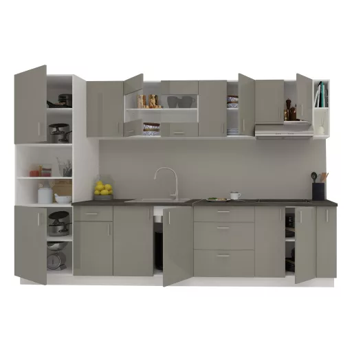 Karo V29 konyhabútor 28 mm-es Thermo munkalappal, Fényes szürke / Fehér, MDF, 320 cm