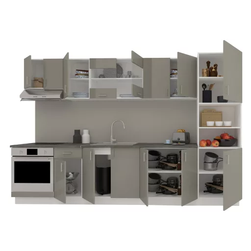 Karo V30 konyhabútor 28 mm-es Thermo munkalappal, Fényes szürke / Fehér, MDF, 320 cm