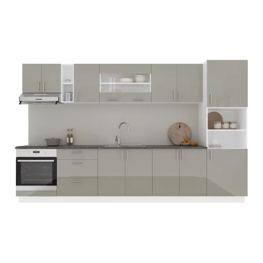Karo V31 konyhabútor 28 mm-es Thermo munkalappal, Fényes szürke / Fehér, MDF, 340 cm