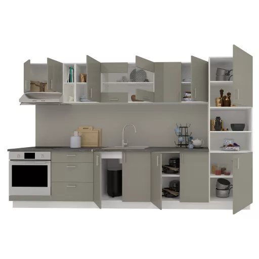 Karo V31 konyhabútor 28 mm-es Thermo munkalappal, Fényes szürke / Fehér, MDF, 340 cm