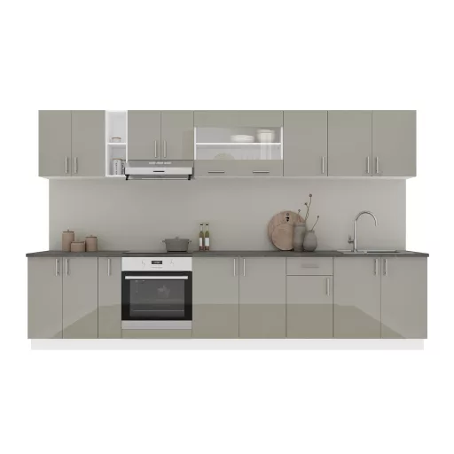 Karo V32 konyhabútor 28 mm-es Thermo munkalappal, Fényes szürke / Fehér, MDF, 340 cm