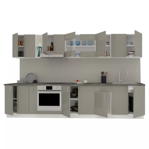 Karo V32 konyhabútor 28 mm-es Thermo munkalappal, Fényes szürke / Fehér, MDF, 340 cm