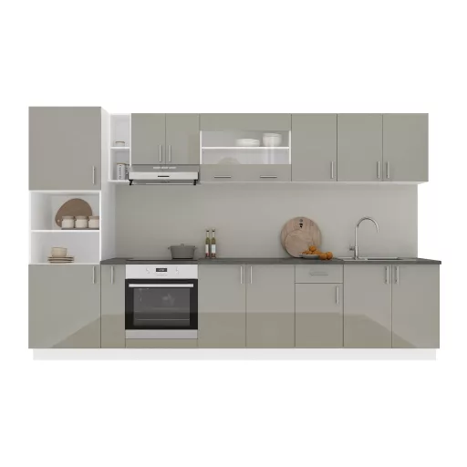 Karo V33 konyhabútor 28 mm-es Thermo munkalappal, Fényes szürke / Fehér, MDF, 340 cm